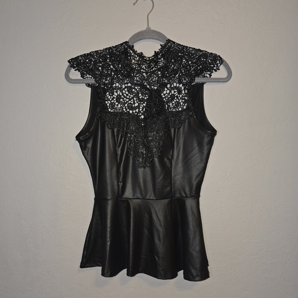 JuJu & B x Windsor Black Faux Leather Lace Peplum Top Whimsigoth Dark Fairy Sz S